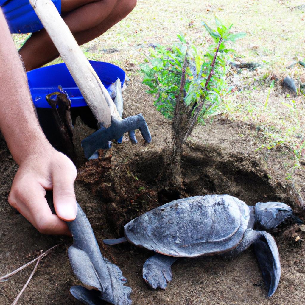 Person planting trees for turtles
