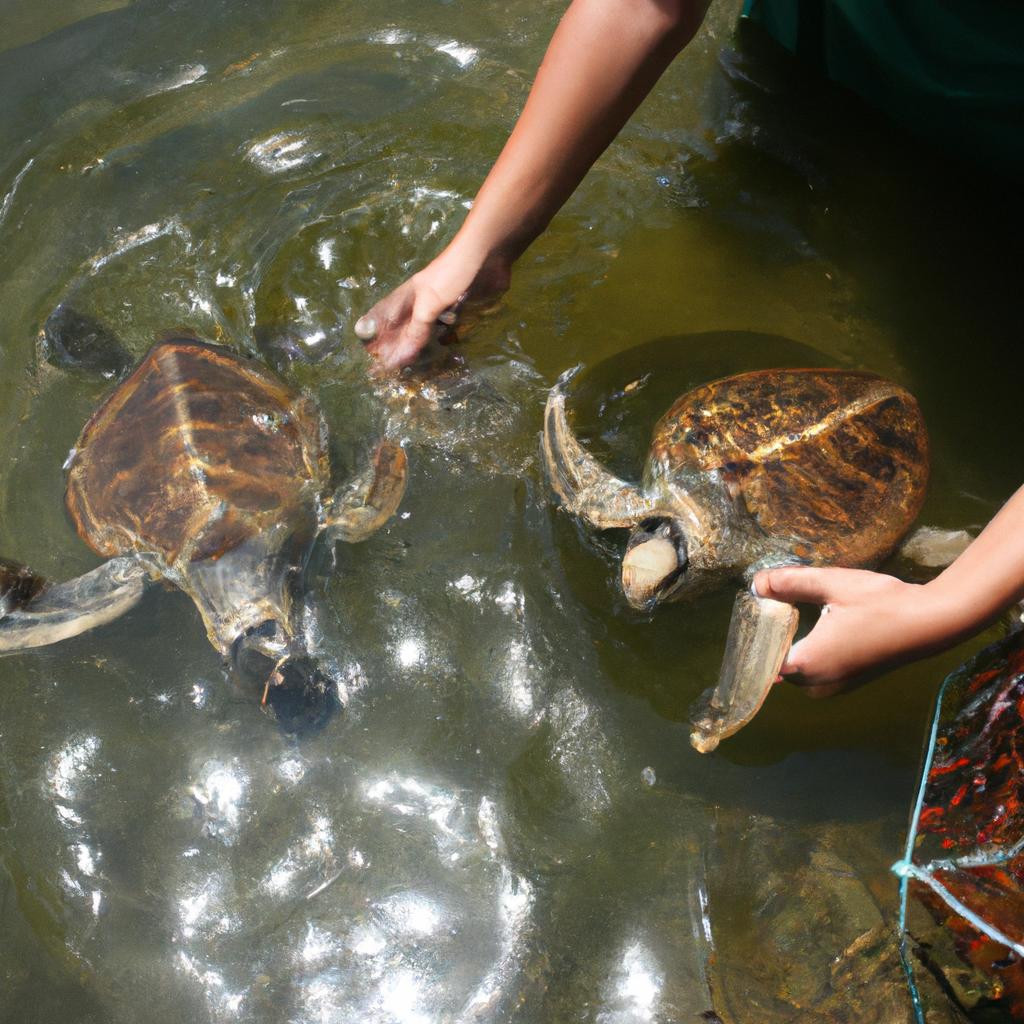 Person releasing turtles into water