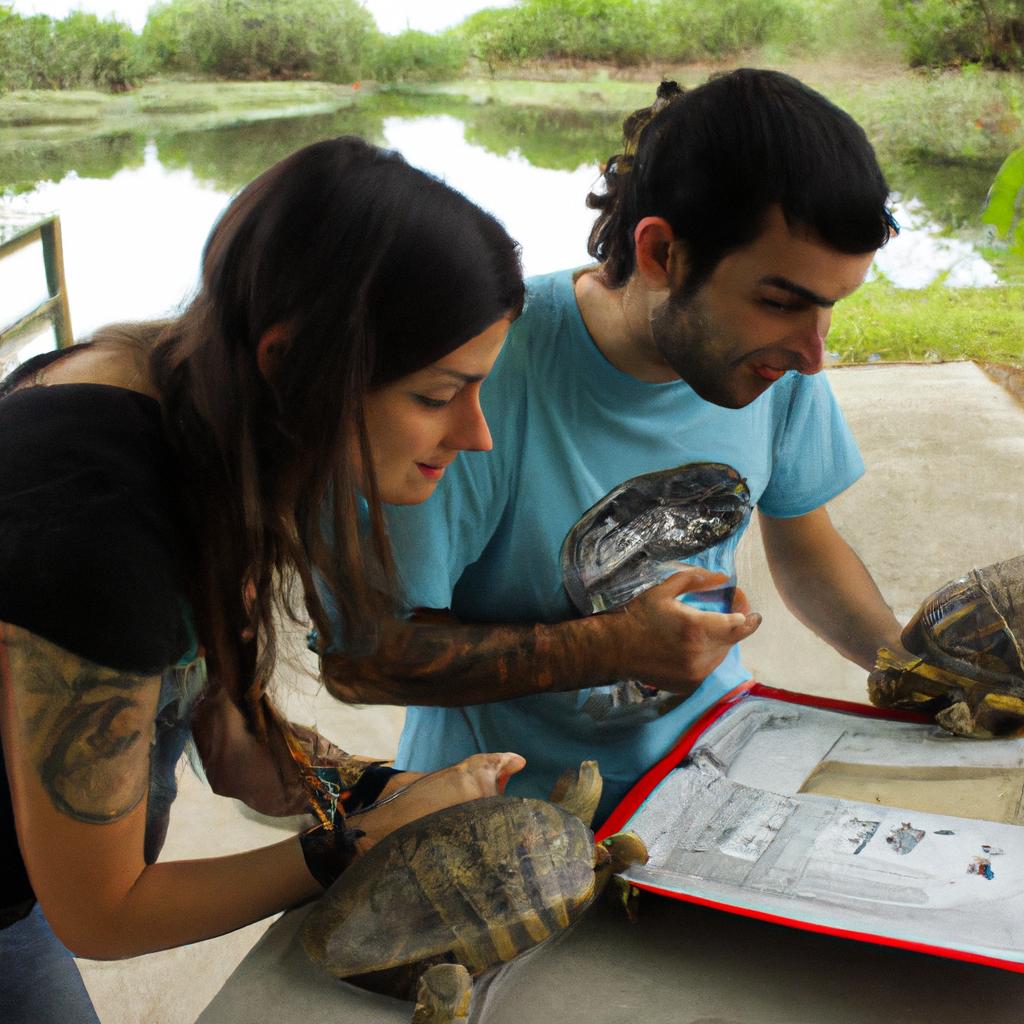 Man and woman studying turtles