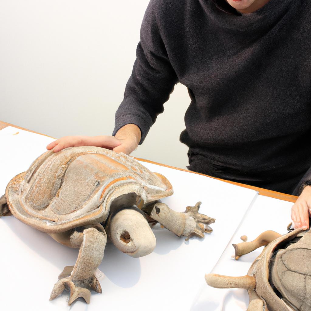 Person studying turtle skeleton anatomy
