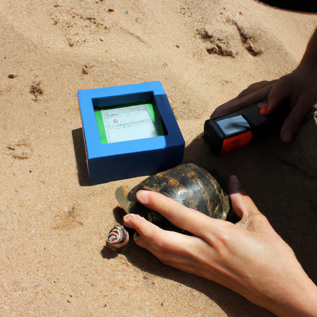 Person measuring turtle habitat temperature