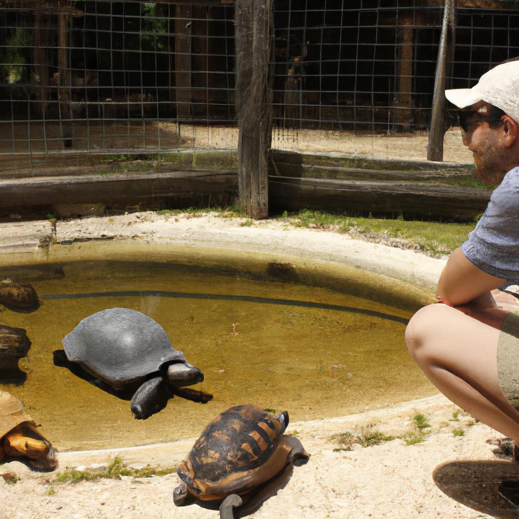 Person observing turtle and tortoise