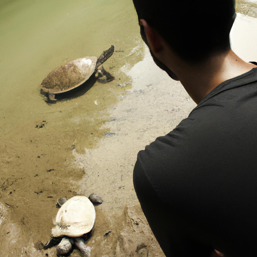 Person observing turtle in habitat